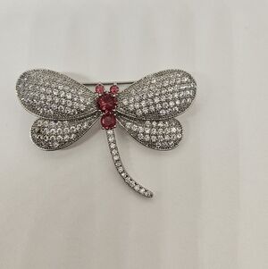 Dragonfly Brooch Pin Pink Clear Crystals Rhinestones Silver Tone